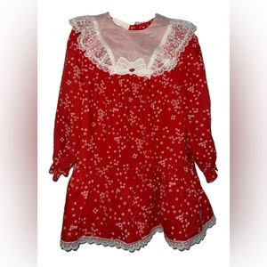 Vintage 70s Traci Lynn California Floral Red Girls LS Dress with Lace Collar 6